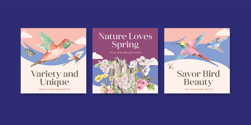 符号广告模板集鸟类和春天的概念美丽树枝树木