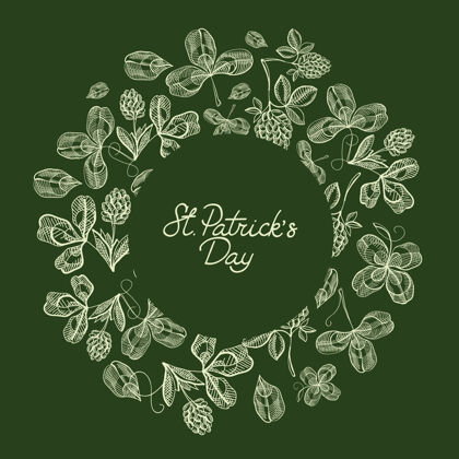 圣徒绿色和白色的圆形框架素描贺卡与许多传统元素围绕着有关圣帕特里克节的文字树叶幸运圣徒