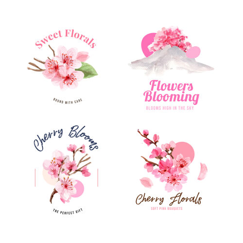 装饰花束与樱花概念设计水彩插画亚洲花卉花束