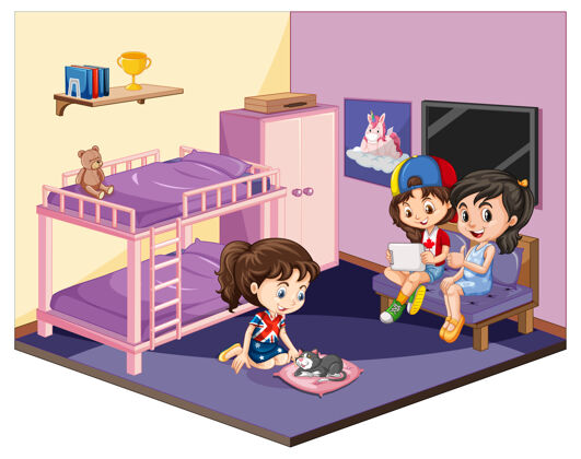 儿童女孩们在卧室里以粉色为主题 背景为白色室内家具卡通