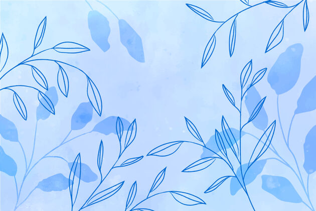 水彩叶子背景的蓝色水彩春天背景抽象