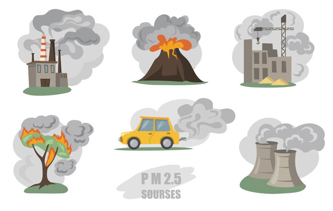 蒸汽有毒烟雾工厂管道 火山 城市汽车产生的烟雾 户外野火产生的烟雾隔离在白色区域平面插图大气环境火灾