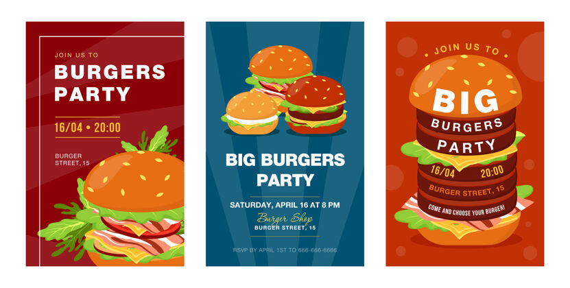 生菜时尚的大汉堡派对请柬设计创意快餐节请柬与美味的垃圾食品卡通插图肉汉堡美味
