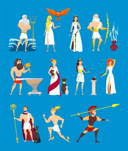 神话卡通希腊神集古奥林匹亚英雄隔离在蓝色背景卡通插图人物收藏超级英雄