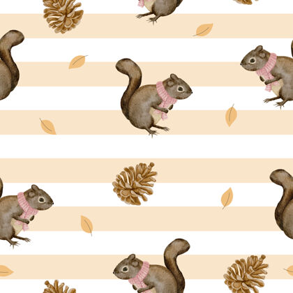 动物松鼠和干松果的无缝图案 冬季水彩剪影季节集