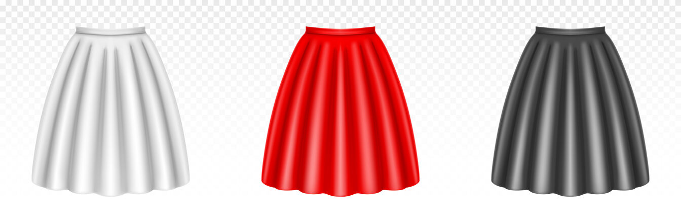 透明白色 红色和黑色的女士裙子与折叠隔离在透明经典裙子面料