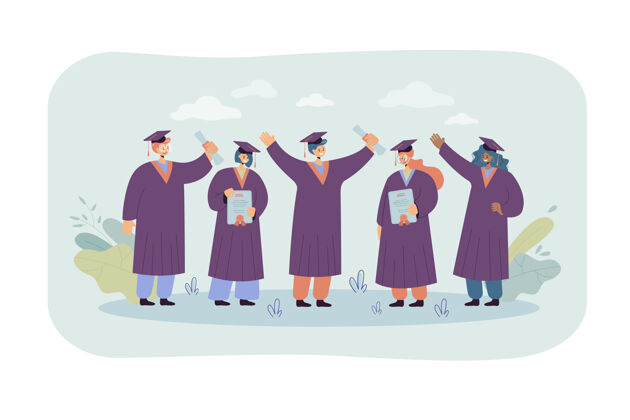 男人快乐的毕业学生站着拿着毕业证孤立的平面插图卡通插图成功微笑长袍