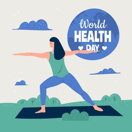 妇女手绘世界卫生日插图与妇女做瑜伽医疗世界卫生日医学