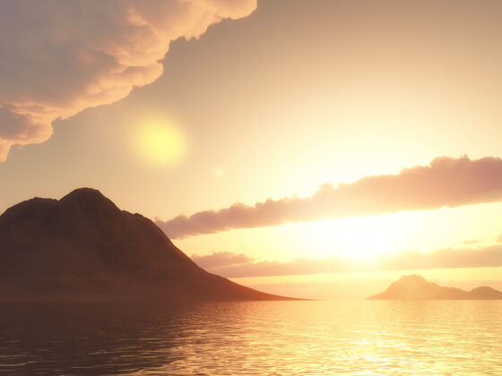 雾大海中的一座山在日落的天空中的三维渲染雾岛屿自然