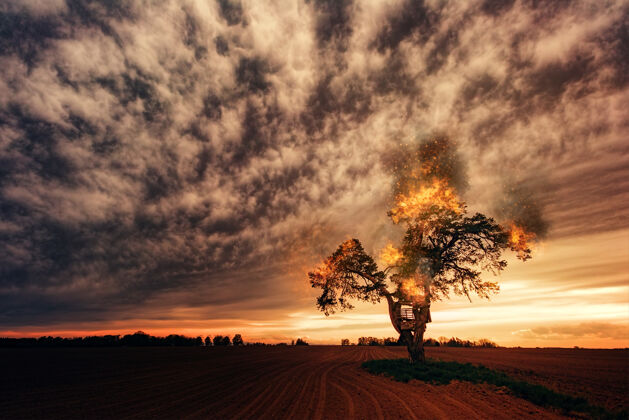 火焰在多云的天空下 棕色田野上的绿树公共领域黎明红天