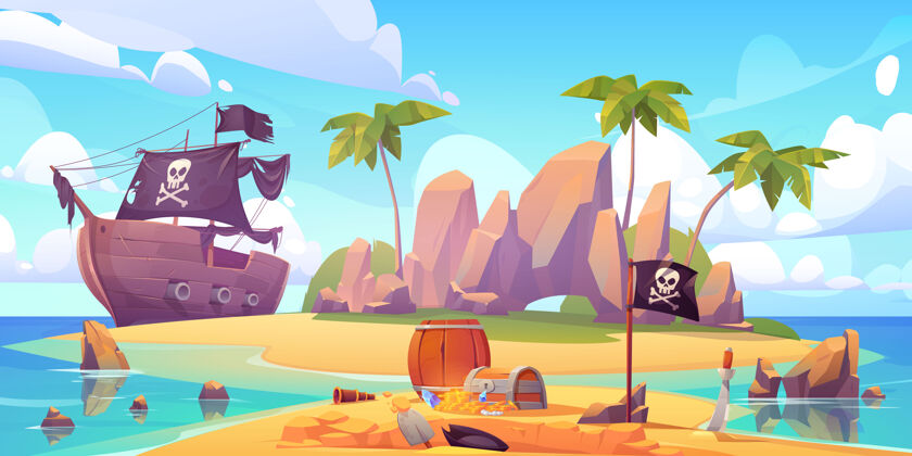 骷髅海盗把宝箱埋在岛上的海滩上盒子孩子海盗