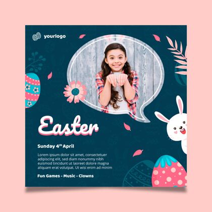 春天复活节与兔子和女孩广场海报模板帕斯卡宗教节日