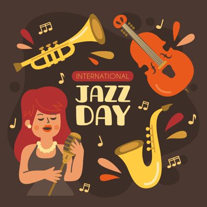 爵士乐日手绘的国际爵士乐日插图与乐器和女人唱歌声音国际插图