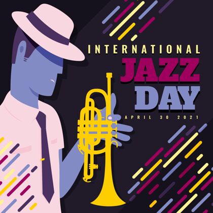 小号国际爵士日插画与男子和小号爵士乐日平面爵士乐