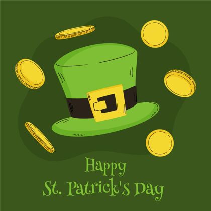 圣帕特里克手绘圣帕特里克节插图与硬币和帽子手绘庆祝爱尔兰