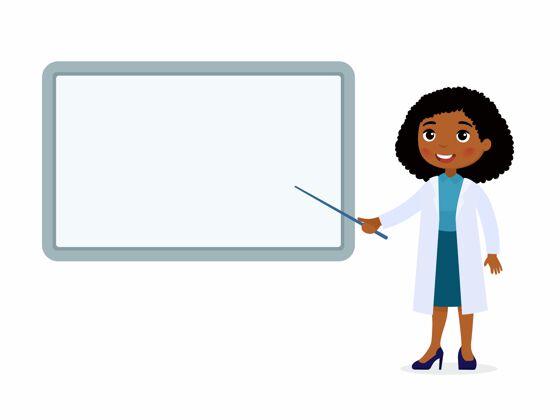 制服非洲女医生指着一块空的医学演示板穿白大褂的医生女卡通教授