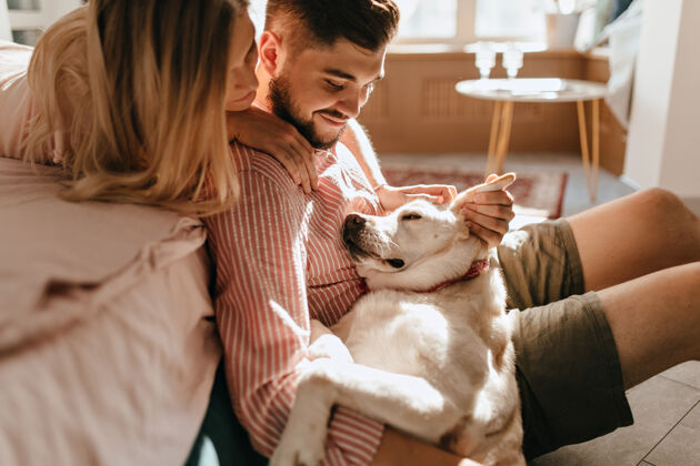 情人狗躺在主人的腿上穿粉红色衬衫的男人和他心爱的女人欣赏他们的白色宠物男朋友女朋友家庭