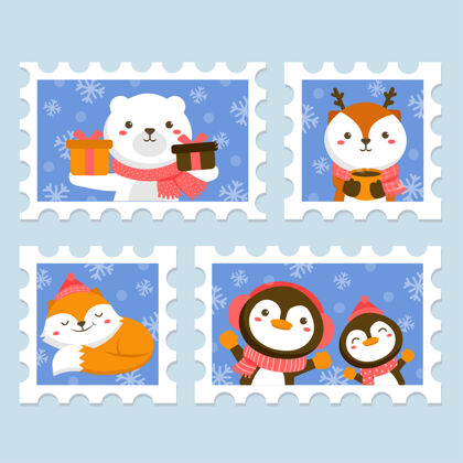 森林一套印有白熊 鹿 狐狸和企鹅的动物形象邮票卡通野生动物背景