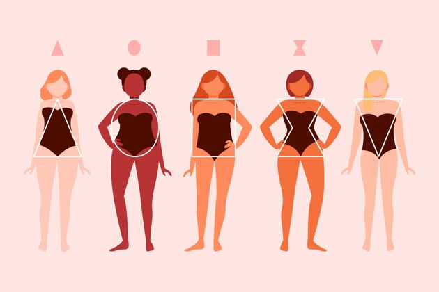不同平面手绘女性体型类型集形状站立身体