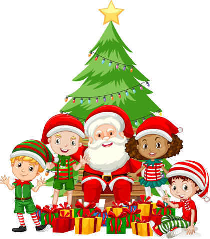 气候圣诞老人带着孩子们穿圣诞服装卡通人物庆祝圣诞节季节