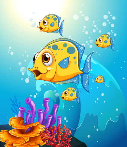 水生许多奇异的鱼卡通人物在水下场景与珊瑚环境感觉生活