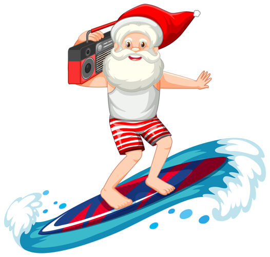 圣诞老人圣诞老人在夏天冲浪主题白色背景情感微笑快乐