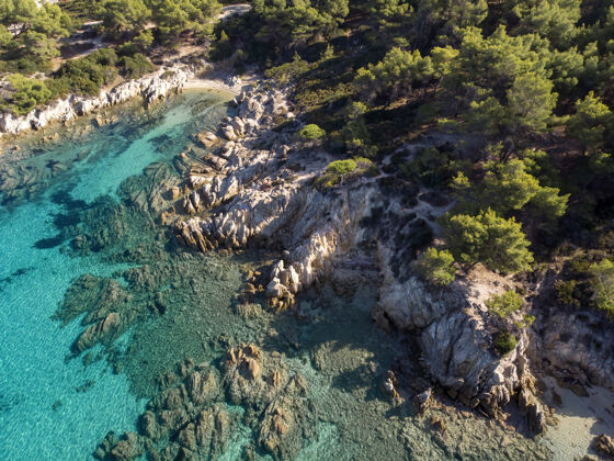 海湾爱琴海沿岸有蓝色透明的海水 周围绿树成荫 岩石 灌木丛和树木 从无人驾驶飞机上俯瞰希腊海滩悬崖海岸