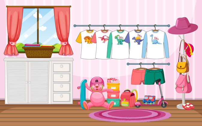 地点孩子们的衣服放在晾衣绳上 房间里有很多玩具的场景儿童主题卡通