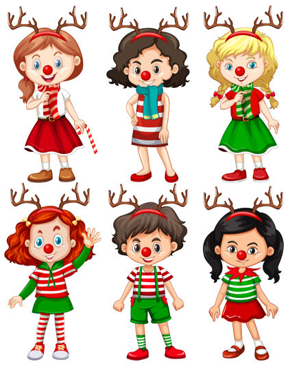 颜色一套不同的孩子戴驯鹿头带和红鼻子圣诞服装孩子圣诞节圣诞老人