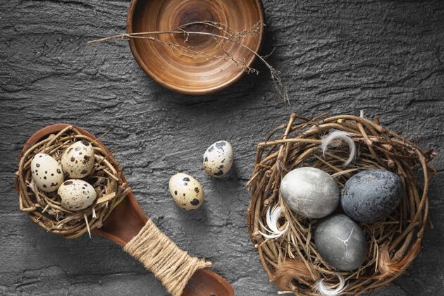 星期天鸟巢里的复活节彩蛋和石板上的木勺俯视图庆祝帕什羽毛