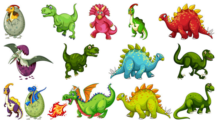 恐龙一组不同的恐龙卡通人物隔离在白色背景上大型生物动物
