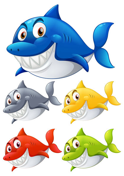 自然在白色背景上设置不同颜色的鲨鱼微笑卡通人物掠食眼睛微笑