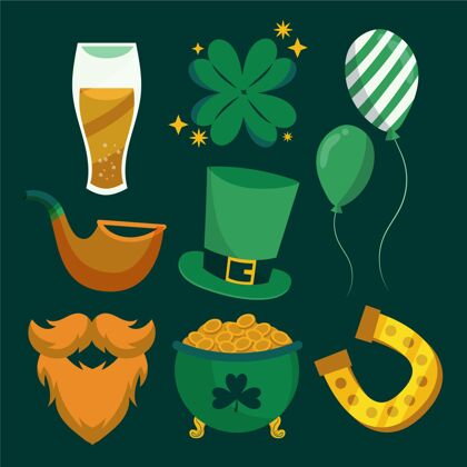绿色圣帕特里克节手绘元素幸运啤酒爱尔兰