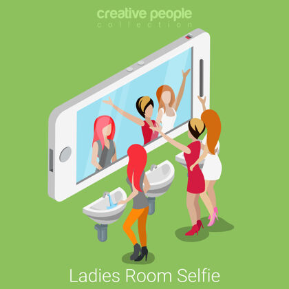 女人女士客房自拍平面等距生活方式社交媒体概念群美女如厕前智能手机镜子公寓社交媒体自拍