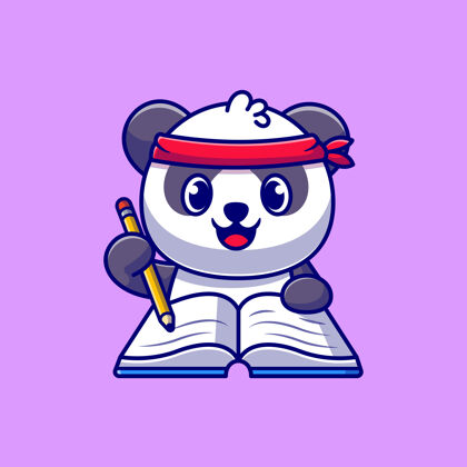 动物可爱的熊猫用铅笔在书上写卡通图标插图可爱学习教育
