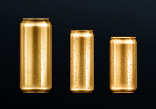 苏打水带水滴的金属罐 装苏打水或能量饮料 柠檬水或啤酒的金色容器带有冷冷凝的独立金色空模型 用于品牌设计模板逼真的3d向量集柠檬水包装空