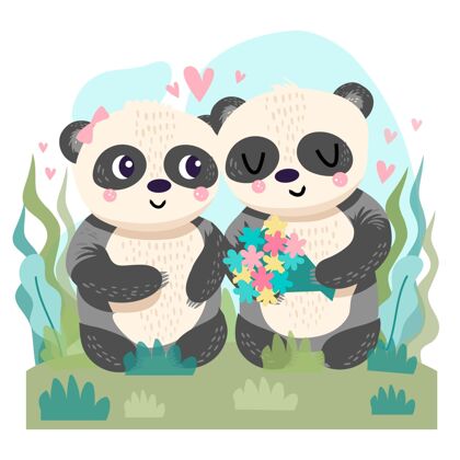 2月14日手绘情人节熊猫情侣情人节浪漫动物