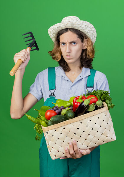 板条箱年轻的园丁穿着连体衣戴着帽子拿着装满新鲜蔬菜的箱子迷你严重充分