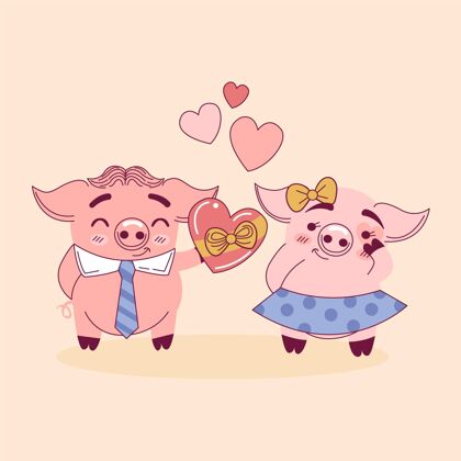 圣瓦伦丁节可爱的情人节动物情侣与猪节日庆祝可爱