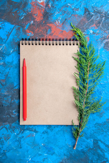 顶部俯视图红色铅笔在笔记本上松树枝上的蓝色表面旧的笔记本视图