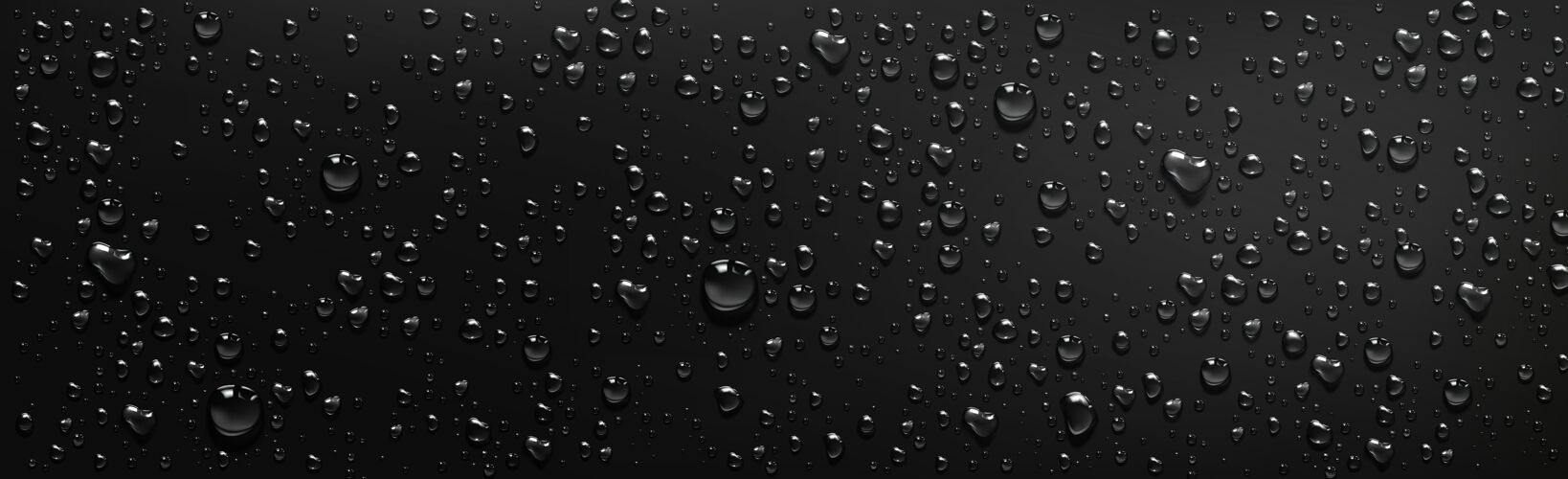 真实黑色背景上的水滴雨淋或雾中蒸汽凝结在湿黑色表面上的矢量写实插图 露水或雨水中的透明水滴露滴水窗户