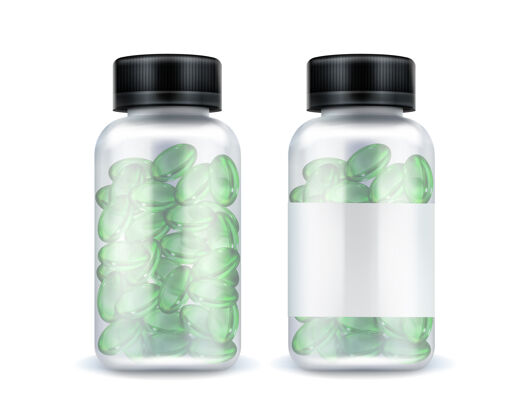抗生素药瓶模型 绿色药物胶囊 维生素透明包装模型隔离在白色背景上医疗广告 逼真的三维矢量插图的补救包装设计元素椭圆形医疗保健剂量