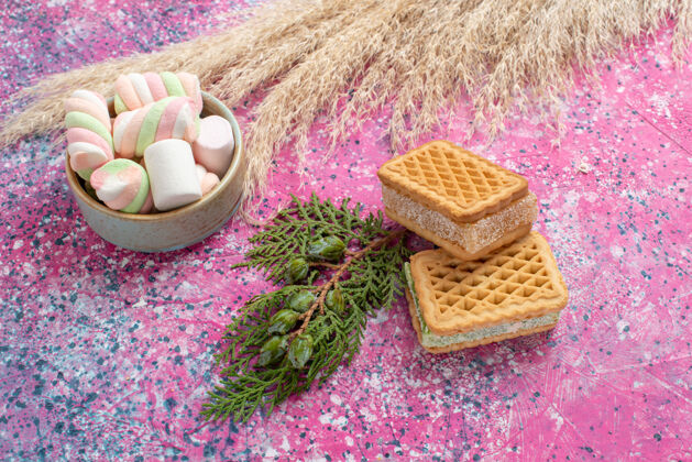 蛋糕粉红色桌子上的美味华夫饼干和马绍洛的正面图糖棉花糖食物