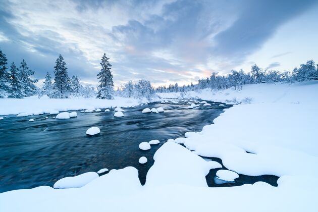 霜冻这条河上有雪 附近的森林冬天在瑞典被雪覆盖冰瑞典斯堪的纳维亚