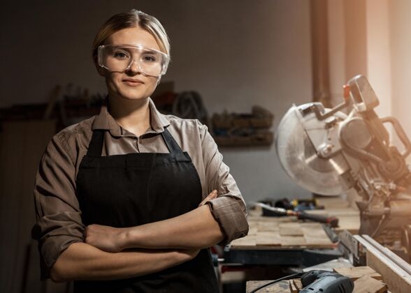 女性女木匠在工作中摆姿势的正面图工人劳动职业