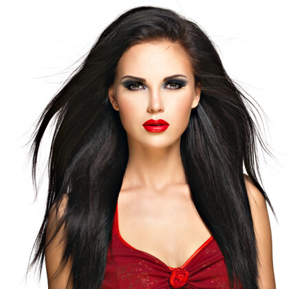 发型黑色直发红唇美女肖像 晚妆 模特在摄影棚摆造型女性长背景