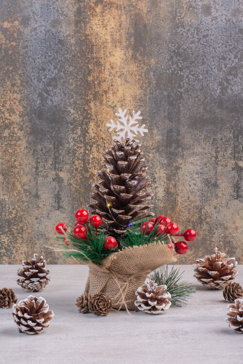 圣诞节圣诞装饰品冬青浆果和松果放在白色的桌子上装饰冬青十二月