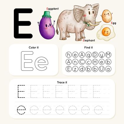教育字母e代表动物和食物教育家孩子教育家