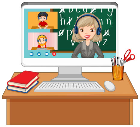 伴侣学生视频聊天在线屏幕上的电脑屏幕键盘会议家