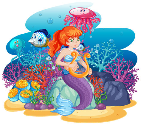 动物可爱的美人鱼与动物海洋主题场景卡通风格隔离童年民间珊瑚
